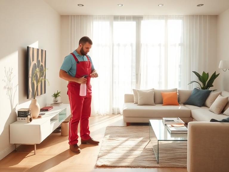 Professional cleaner tidying a bright modern living room