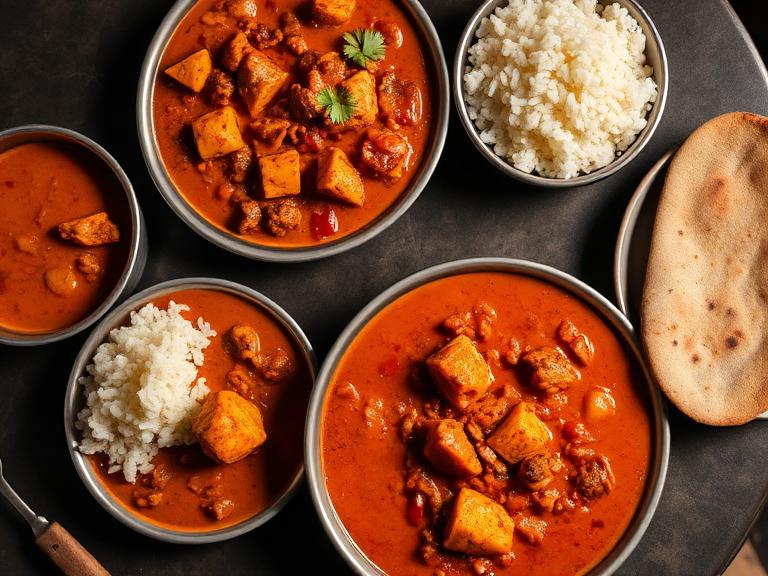 Curry dishes with rice and naan bread from a UK takeaway