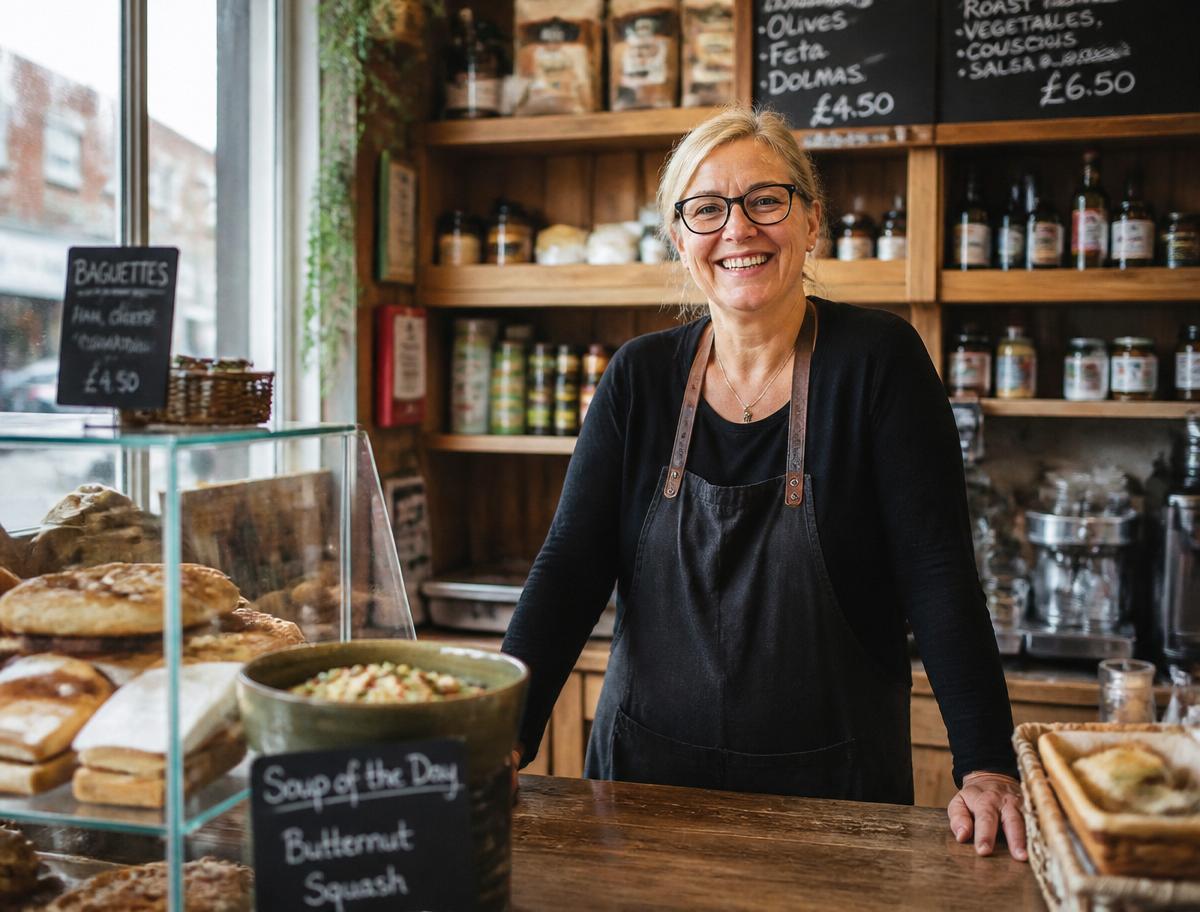 Independent UK deli owner smiling behind her counter