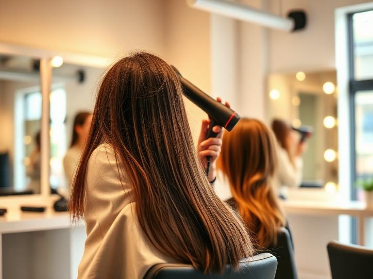 Stylist blow-drying a client's hair in a modern UK salon